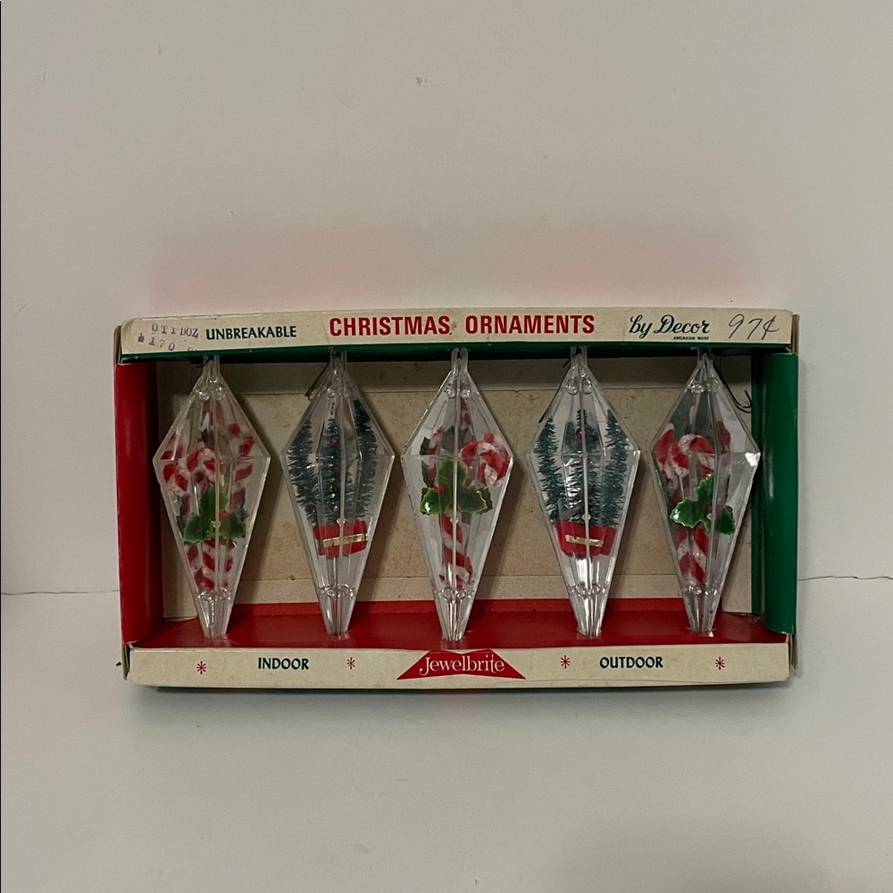 Vintage Jewelbrite Diorama Ornaments with Candy Candy and Christmas Trees IOB